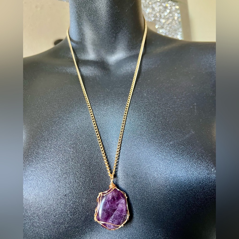 ✨ Deep Purple Fluorite Necklace • Gold Wrapped • 24" Chain ✨ - Picture 4 of 16